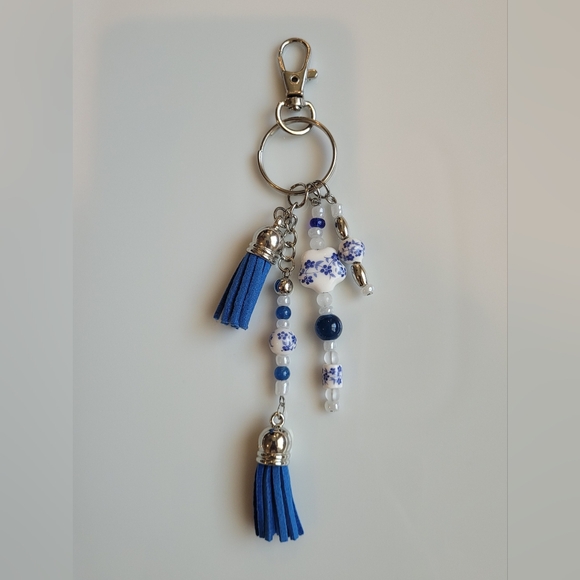New Blue and White Beaded Keychain with Tassels - Picture 2 of 2